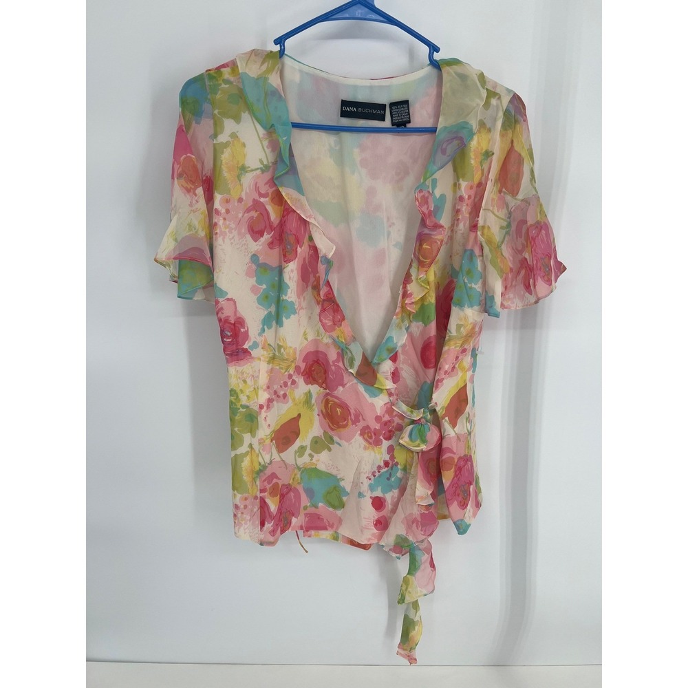 Dana Buchman 100% Silk Floral Wrap Blouse Ruffle V-Neck Pink Yellow Blue Sz 10